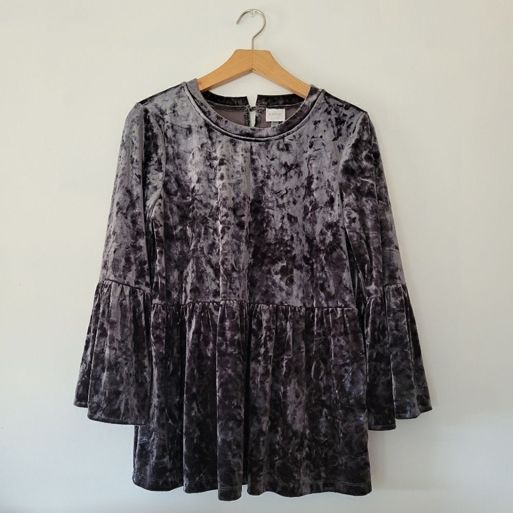 Cupio Gray Velvet Long Bell Sleeve Top Medium